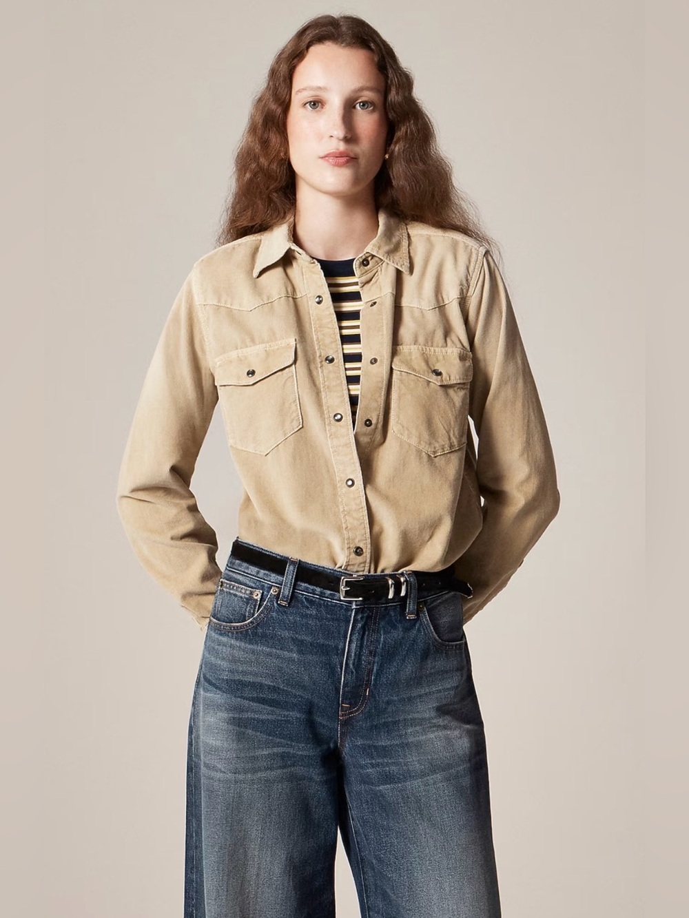 NWT J. CREW Jules Western Shirt in Corduroy Light Brown Size 24